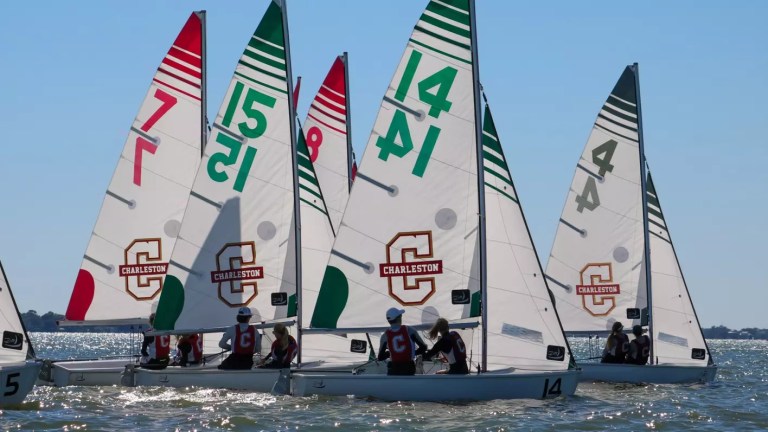 College of Charleston sailors competing in a college sailing regatta